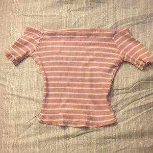 Pink and white stripped off the shoulder top.